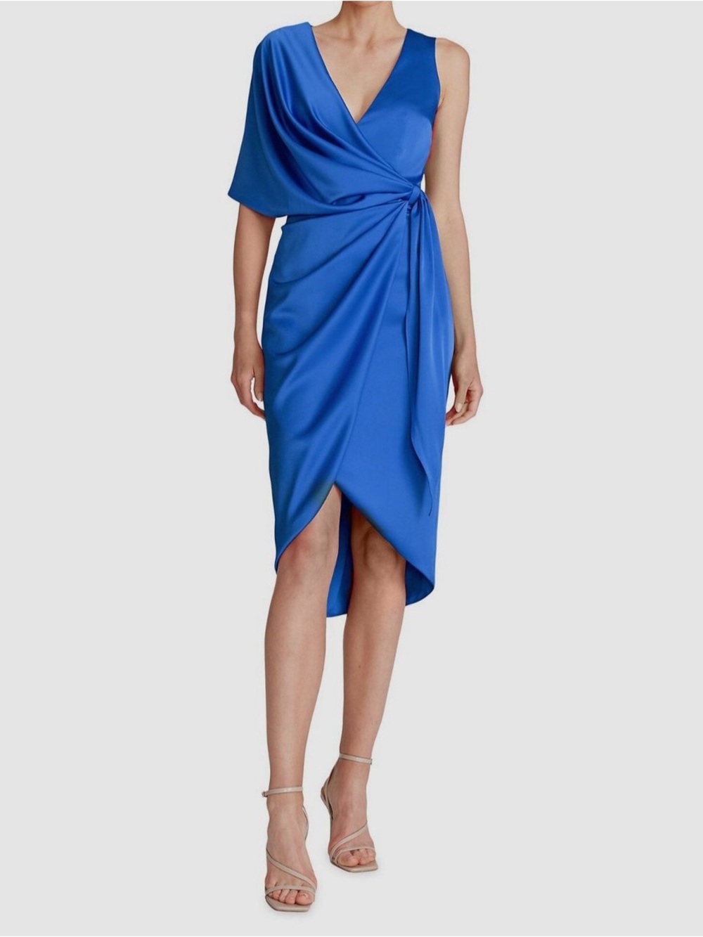 Satin Draped One-Shoulder Cocktail Dress in Royal Blue Theia Brand